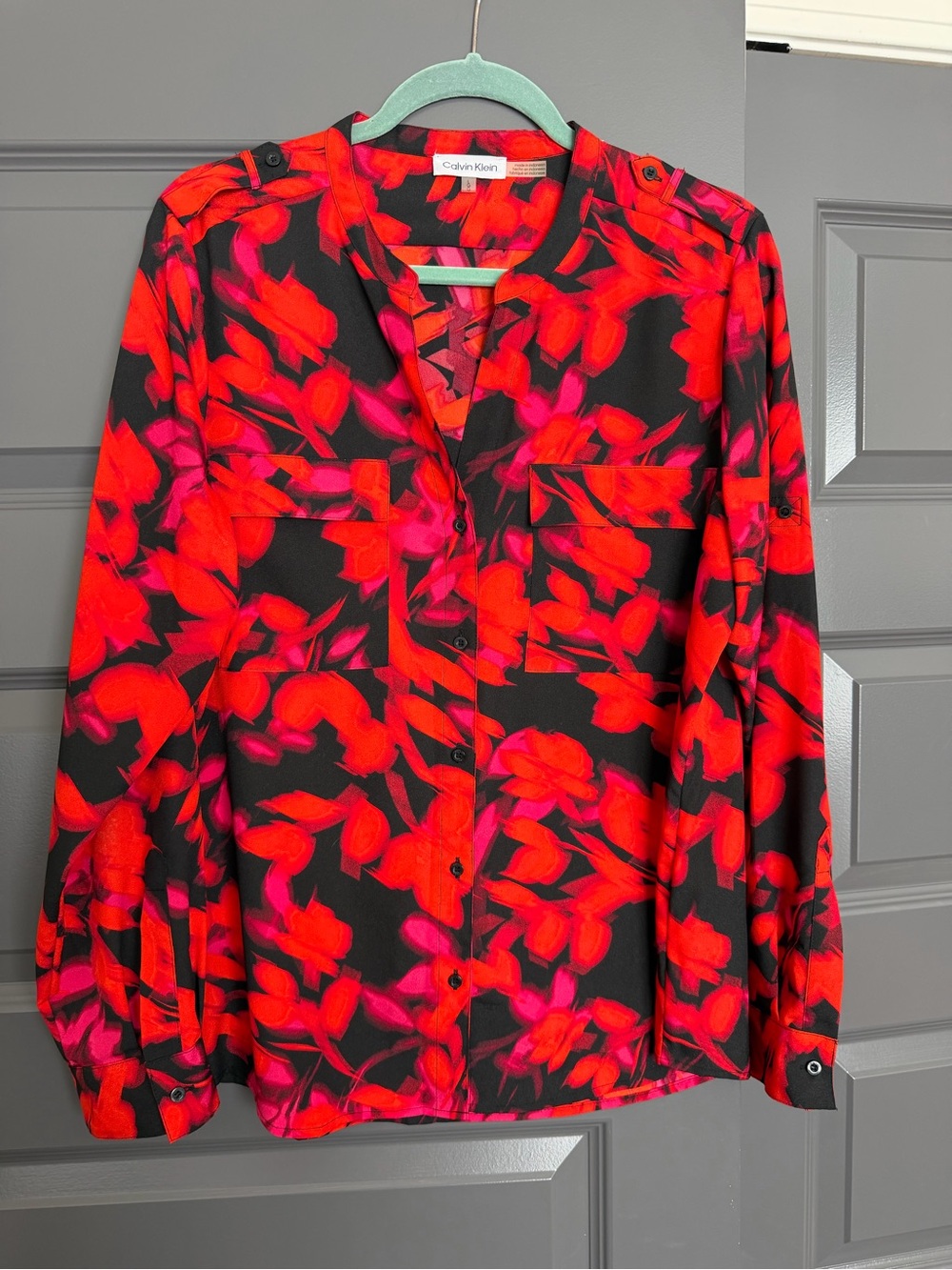 Calvin Klein Black Button-Front Blouse with Red & Pink Floral Print - worn once!